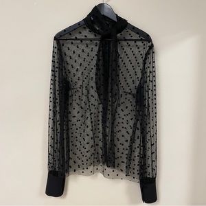 Polka dot tulle p bow tie neck blouse with silk cuffs
